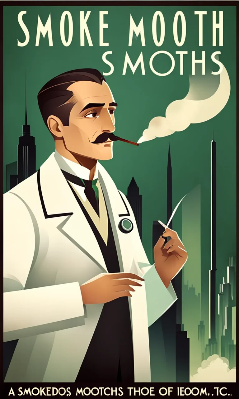 a doctor smoking a cigarette, Text:" Smoke Smooths", <lora:artdecopostsdxl:0.8>, art deco style, ad, lab coat,