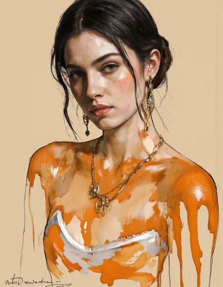 Art by Mark Demsteader. A realistic digital illustration shoot from a portrait camera angle about a portrait of a woman with a neutral expression, adorned with gold jewelry. the image also shows a woman in the middle of the frame, with her upper body visible to the camera. she appears to be a young adult, with fair skin, dark hair styled in a bun, and brown eyes that are looking directly at the viewer. her expression is neutral, and she has a slim body with small breasts. she is wearing a gold necklace and earrings, and her body is covered in a layer of orange paint, which is dripping down her body. the background is a simple, light beige color, and the image has a watermark in the bottom right corner that reads "solo, looking at viewer, closed mouth, jewelry, bare shoulders, medium breasts, nipples, collarbone, upper body, earrings."
