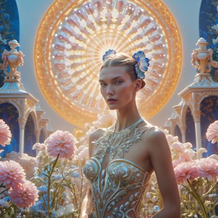portrait of a beautiful  karlie kloss who is a fashion model surrounded of flowers from another planet, translucent plants, Andrey Remnev, Bridget Bate Tichenor, rococo, god light, cinematic, 35mm, 8k, fantasy, many details, much lightful, dream-like, masterpiece, detailed face, fantasy art, majestic, elegant, ornate, appealing, hypermaximalist, paradise, award winning photography, no watermark, trending on artstation --v 5