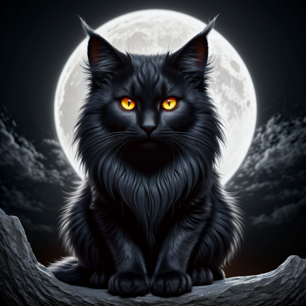 black fluffy gorgeous dangerous cat animal creature, large orange eyes, big fluffy ears, piercing gaze, full moon, dark ambiance, best quality, extemely detailed 