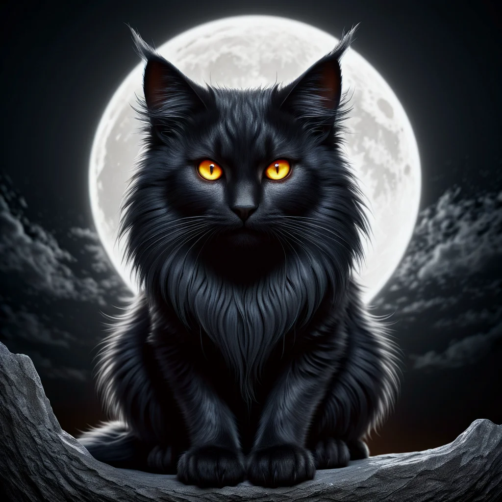 black fluffy gorgeous dangerous cat animal creature, large orange eyes, big fluffy ears, piercing gaze, full moon, dark ambiance, best quality, extemely detailed 