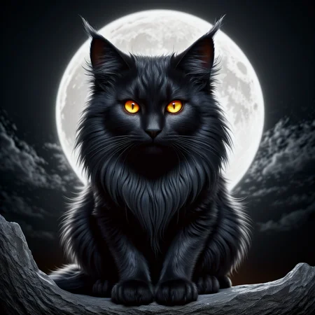 black fluffy gorgeous dangerous cat animal creature, large orange eyes, big fluffy ears, piercing gaze, full moon, dark ambiance, best quality, extemely detailed 