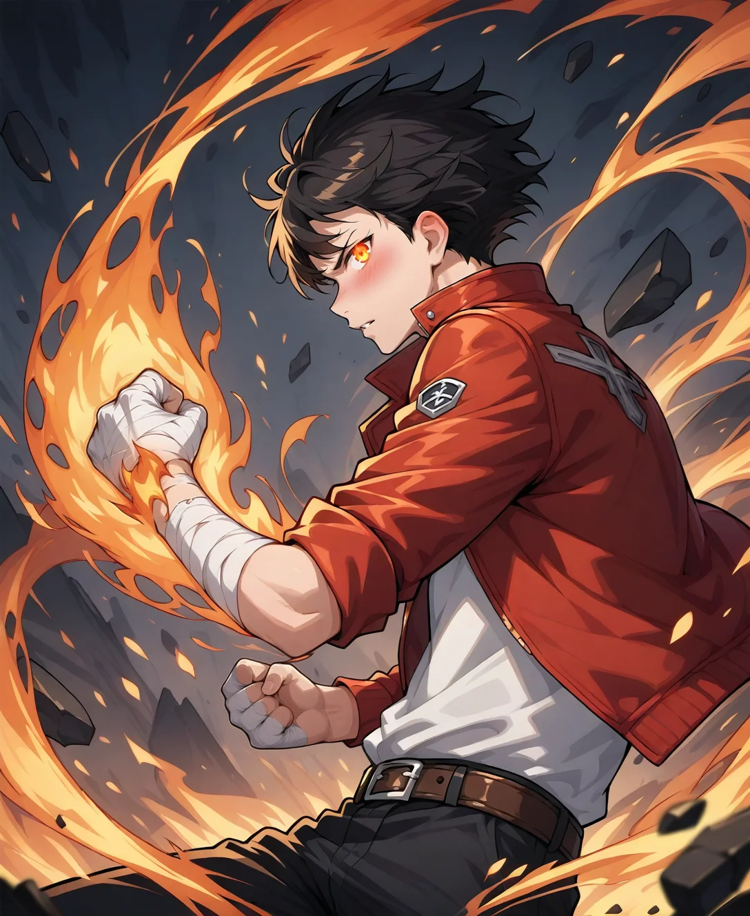 eps, solo, looking_at_viewer, blush, short_hair, shirt, black_hair, 1boy, jacket, upper_body, male_focus, parted_lips, pants, belt, from_side, orange_eyes, profile, floating_hair, black_pants, glowing, bandages, fire, clenched_hand, wind, red_jacket, glowing_eyes, sleeves_rolled_up, smoke, bandaged_arm, punching, bandaged_hand, debris, embers, burning, arm_wrap, <lora:se_v1_epic_style:0.9>