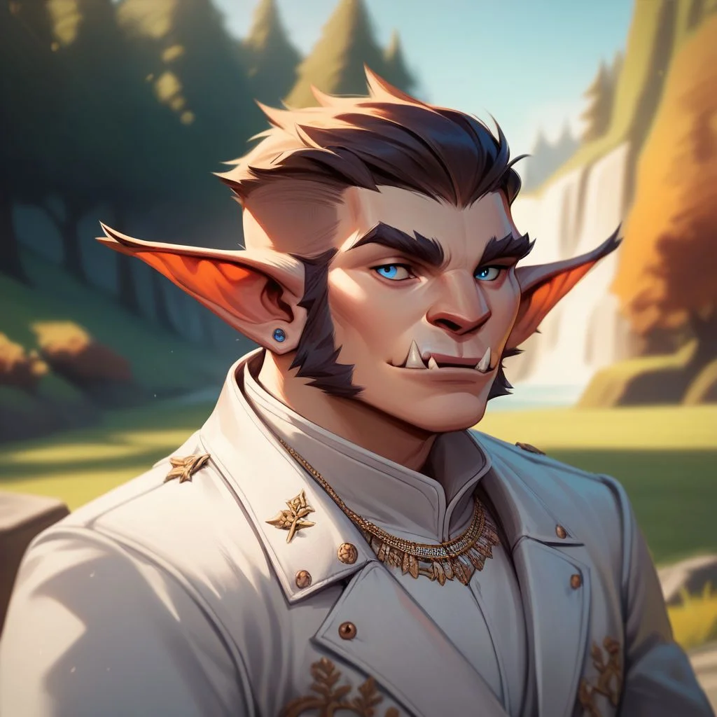 (((beautiful, high quality))), upper body, score_9, score_8_up, score_7_up, solo,
Bugbear, furry, pointed ears, fangs, 1boy, male focus, blue eyes, white coat, short hair, jewelry,
outdoor, fantasy background, nature, blurred background,