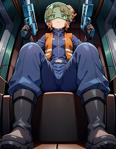 masterpiece, best quality, absurdres, detailed hair, ultra detailed face, detailed body, highres, highly detailed character

DeToni, Blue Jumpsuit, black gloves, black boots, orange vest, Transparent Helmet, fullbody, in spaceship, sitting, gun, frontview, looking at viewer, from below, green eyes
