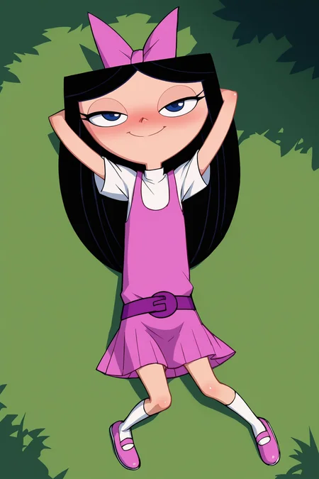 score_9, score_8_up, score_7_up, score_6_up, BREAK, IsabellaPFPXL, blue eyes, black hair, long hair, hair bow, pink bow, flat chest, white shirt, pink dress, purple belt, pink skirt, white socks, pink shoes, solo, full body, (lying on grass), on back, arms behind head, seductive smile, looking at viewer, naughty face, nose blush, forest, tree <lora:IsabellaPFPXL:1>