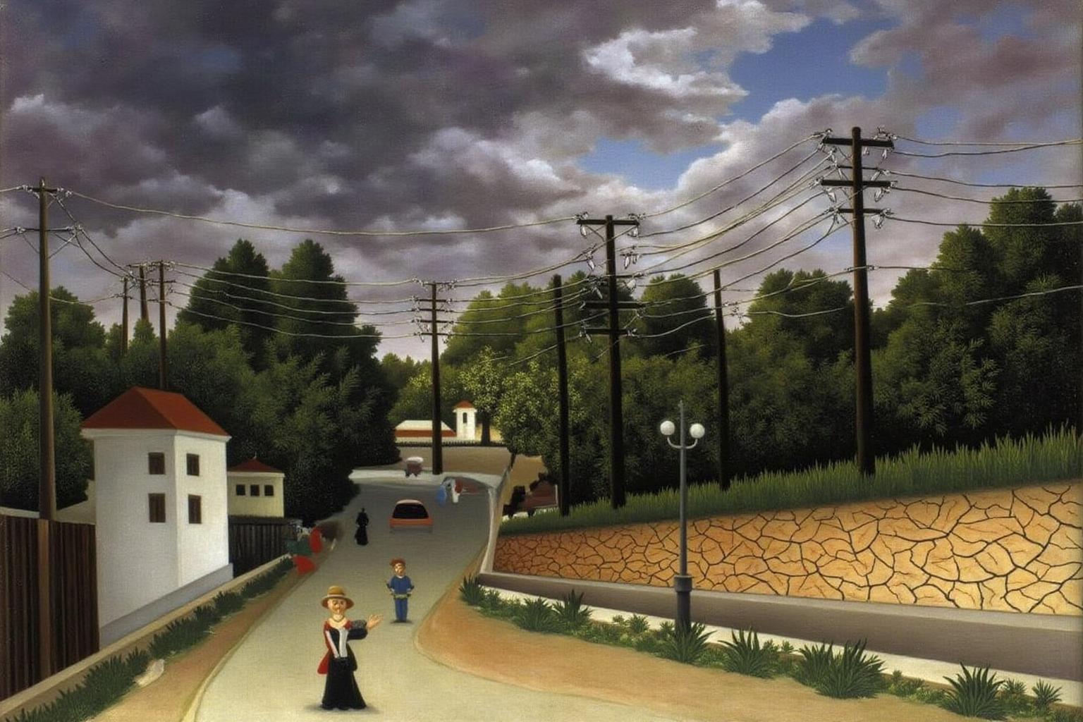 henrirousseau2 painting.
The scene depicts a town under a dramatic, stormy sky. A winding, road stretches from the bottom center to the middle of the composition, leading towards the background. The road is bordered by a low stone wall on the right side, covered with a cracked, dry, earthy texture, suggesting a parched landscape. There are electrical poles and transmission lines across the landscape.
 <lora:henrirousseau2_cap_d6a3:1.0><lora:834023511761744703:0>