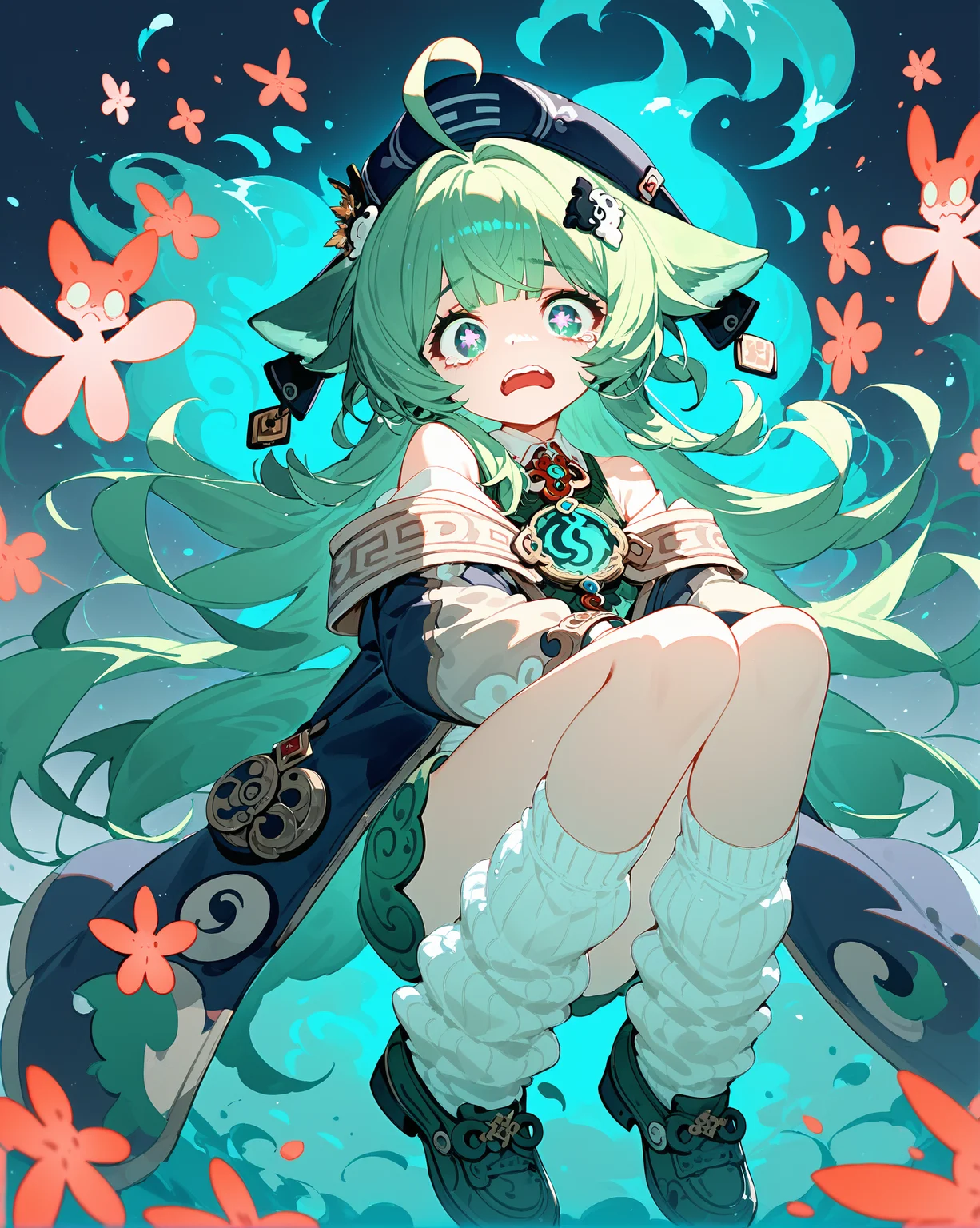 ((scared)),, (score_9,score_8_up,score_7_up),1girl,solo, <lora:huohuo:1>, hat, animal ear, green hair, green eyes, blue eyes, hair ornaments, hat ornament, paw-shaped pupils, socks, ahoge, loose socks, shoes, off shoulder, long sleeves,