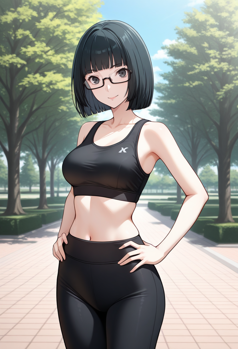 masterpiece, best quality, 1girl, solo, looking at viewer, cowboy shot, smile, park, blue sky hands on hips
black sports bra, black yoga pants
 <lora:zs_WakabaILLU:1> w4k4bap5, black hair, bob cut, blunt bangs, black eyes, glasses,