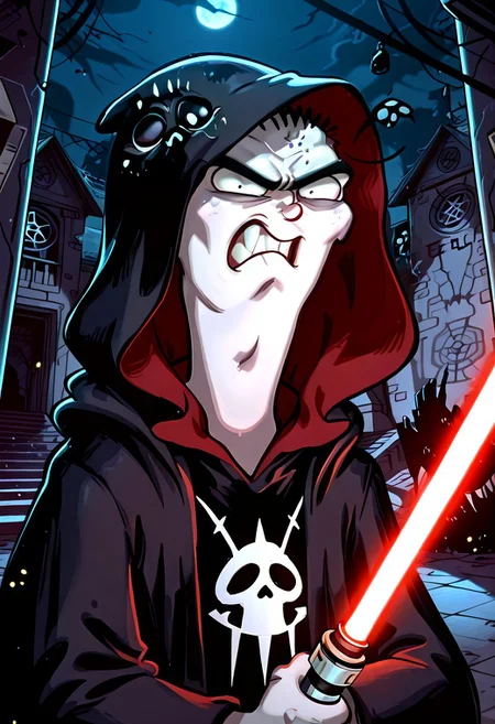 Masterpiece, best quality, 8k, newest, absurdres, highly detailed, 1boy, solo, edboi, mnbrow, black Sith robe, hooded, unibrow, holding a thick lightsaber, pale skin, evil vibe,
 , angry expression, futuristic background, sith temple background, night, 7-SWAnimated