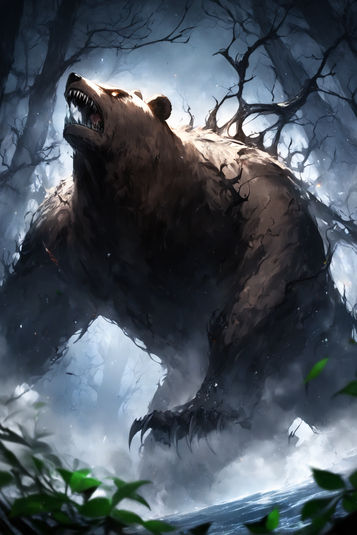 bear, brown fur, sharp claws, glowing eyes, misty aura, water droplets on fur, snarling, aggressive, powerful BREAK low angle, looking up, dynamic pose, misty forest, dark atmosphere, eerie lighting, fog, trees, leaves, twisted branches, ominous sounds, shallow depth of field, masterpiece, best quality, absurdres