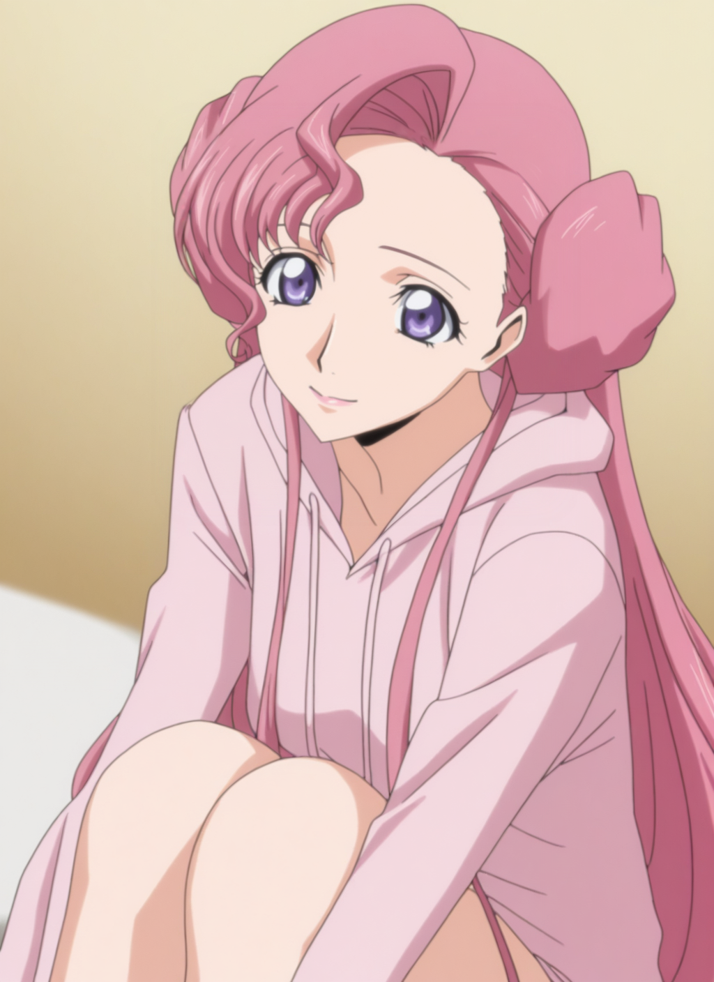 masterpiece, best quality, newest, absurdres, highres, cdgs, 1girl, Euphemia, gentle smile, pink hoodie, sitting, purple eyes, pink hair, pink lips, detailed, <lora:Code_Geass_Style_Illustrious:1.0>