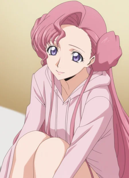 masterpiece, best quality, newest, absurdres, highres, cdgs, 1girl, Euphemia, gentle smile, pink hoodie, sitting, purple eyes, pink hair, pink lips, detailed, <lora:Code_Geass_Style_Illustrious:1.0>