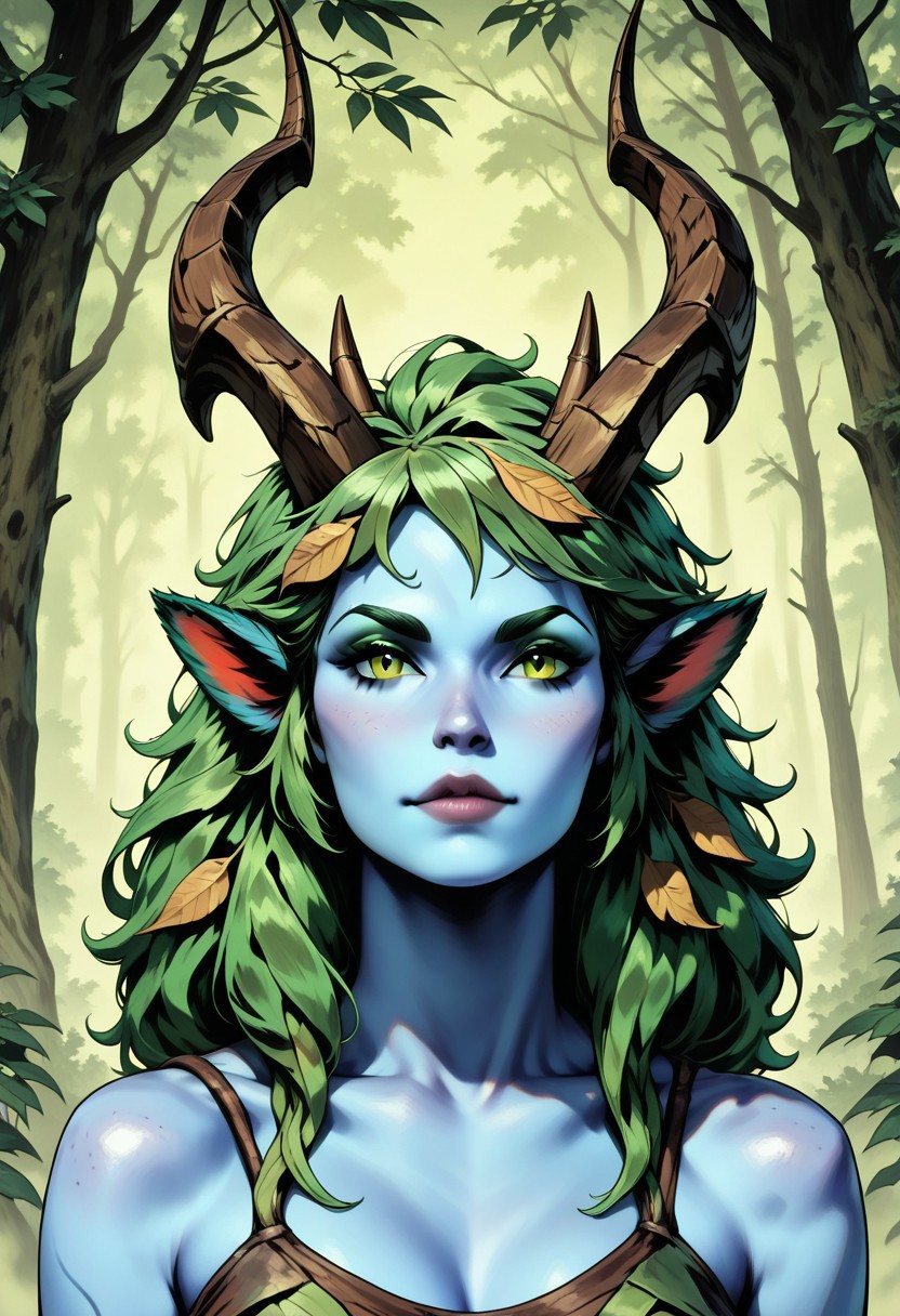 PaintedComicV3, comic style, masterpiece, best quality, 1girl, dramatic lights, clear eyes, sharp eyes, high quality eyes, high resolution eyes, detailed eyes, looking at viewer, eye contact, ((Dryad, Faun, Satyr,, beautiful, detailed face, beautiful face, blue skin, horns, golden eyes, green hair, leaves in hair, leaves, wooden horns))