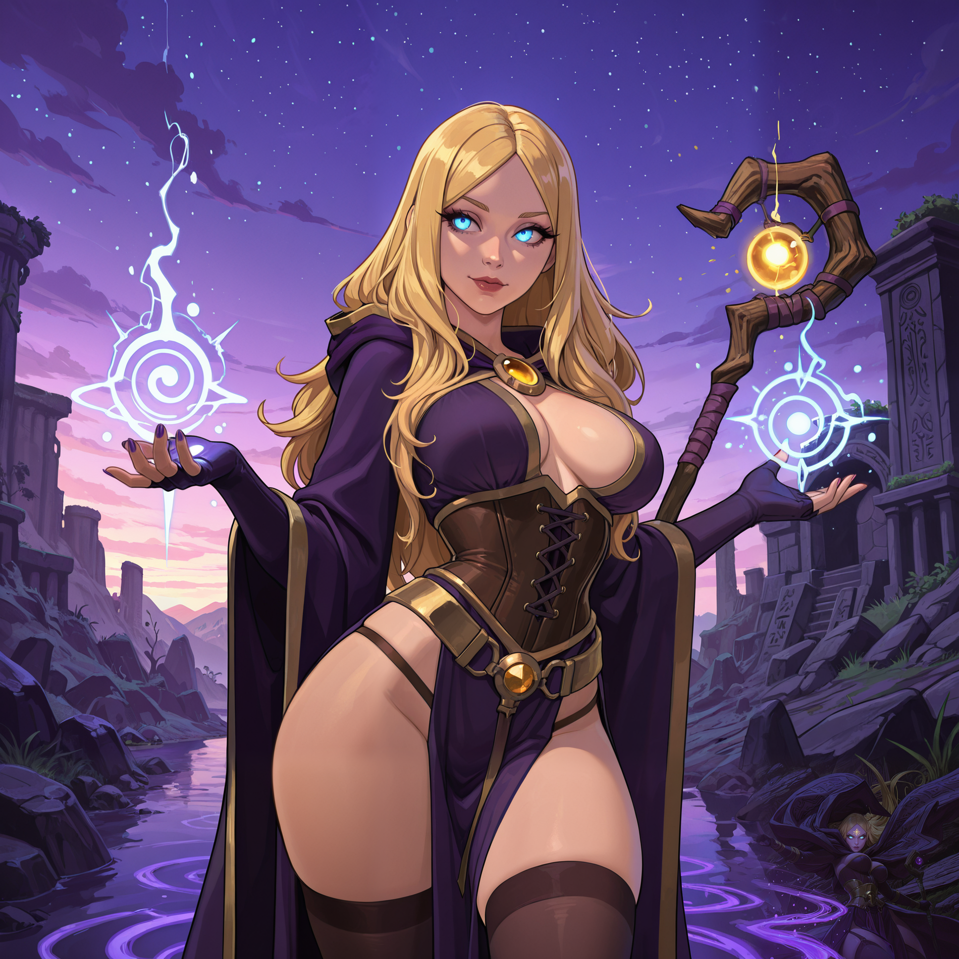 2d, very awa, absurdres,

masterpiece, best quality, highres,

eye contact:1.15, facing viewer:1.25, cowboy shot, pinup pose, sexy pose,

BREAK

1girl, solo, female mage, sorceress, ((thick bangs)), ((long layered hair)), glowing eyes, long eyelashes, soft round face, elegant features, __natural_skin_tones__, __natural_eye_color__, __natural_hair_color__, __randomized_hair_style__, __breast_size__,

slender curvy figure, small waist, wide hips, hourglass silhouette, graceful posture, magical aura surrounding hands, subtle skindentation,

BREAK

deep purple and gold-trimmed robe with high slit, revealing enchanted corset, thigh-high stockings with arcane glyphs, golden belt with gemstone center, sheer cape flowing behind, fingerless gloves glowing with spell runes, staff strapped to back,

BREAK

detailed background, detailed scenery, outdoors, mystical mountain ruins under a twilight sky, glowing magical symbols on stone structures, swirling arcane energy in the air.