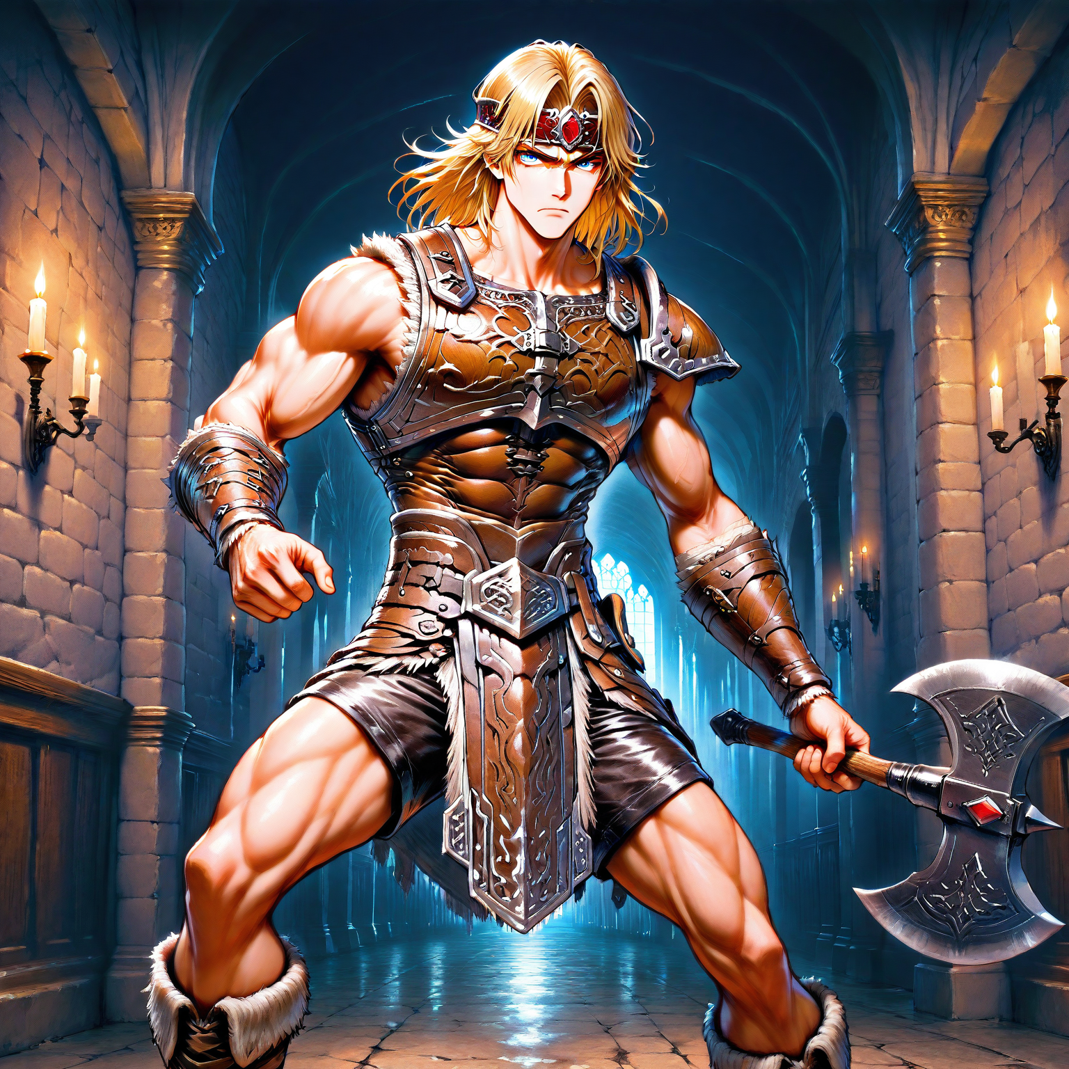 masterpiece, best quality, amazing quality, csdb, hatching (texture), gradusian, SIMOIL, solo, 1boy, male focus, muscular, toned male, blue eyes, leather armor, leather headband, red jewel on headband, breastplate, leather shorts, stylized loincloth, one pauldron, vambraces, medium hair, blonde hair, boots, leather tassets, indoors, castle hallway, wall candles, serious, holding small axe