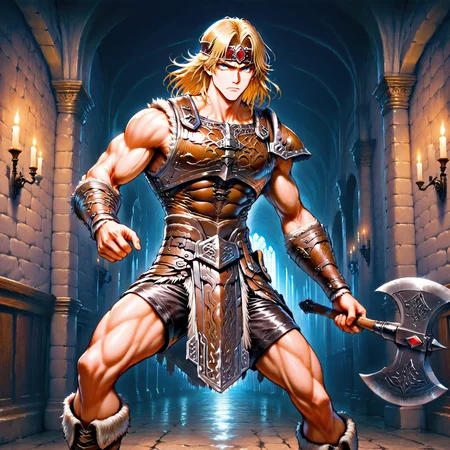 masterpiece, best quality, amazing quality, csdb, hatching (texture), gradusian, SIMOIL, solo, 1boy, male focus, muscular, toned male, blue eyes, leather armor, leather headband, red jewel on headband, breastplate, leather shorts, stylized loincloth, one pauldron, vambraces, medium hair, blonde hair, boots, leather tassets, indoors, castle hallway, wall candles, serious, holding small axe