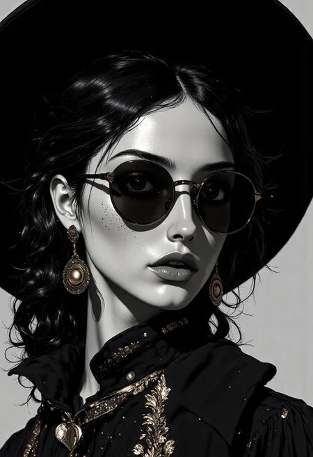 Close-up portrait of a stylish 1920s elegant young woman in monochrome, featuring round black glasses with a classic design, an aigrette hat adding a vintage touch, and natural freckles adorning her face. Her hair is loosely tied with soft strands framing her face, complementing her piercing gaze. A long ebony cigarette holder with a lit smoking cigarette is subtly held between her slightly parted lips, adding a seductive vibe. Her entire appearance reflects a touch of feminism, blending elegance with a bold social statement. The overall tone is sleek and detailed, highlighting the interplay of light and shadow in a black-and-white aesthetic.