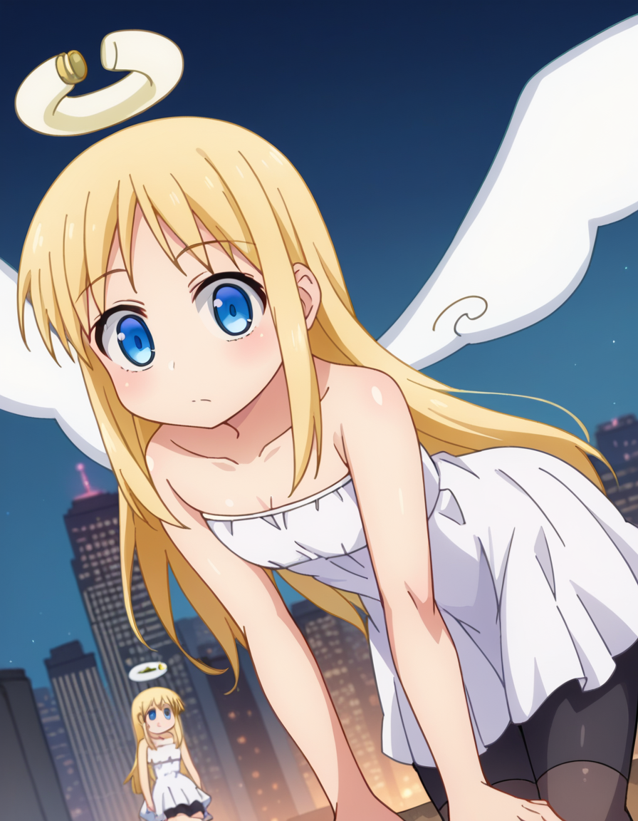 score_9, score_8_up, score_7_up, source_anime,
crimvael, <lora:crimvael-ponyxl-lora-nochekaiser:1>
crimvael, long hair, blue eyes, blonde hair,
dress, bare shoulders, collarbone, wings, white dress, strapless, halo, strapless dress, angel wings, white wings, angel,
outdoors, cityscape, bent over,
looking at viewer, dutch angle, cowboy shot,