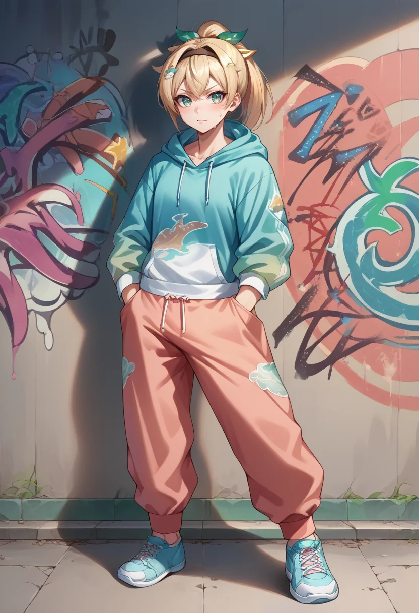 score_9, score_8_up, source_anime, KazamaIroha, hair ornament, hairband, ponytail, urban and street style, graffiti-inspired colors, cool and edgy attire, sweatpants, hoodie, stylish sneakers, fashionable accessories, hip hop jewelry, confident expression, graffiti walls, energetic and vibrant atmosphere, <lora:CHAR-KazamaIrohaPonyXL:1>
