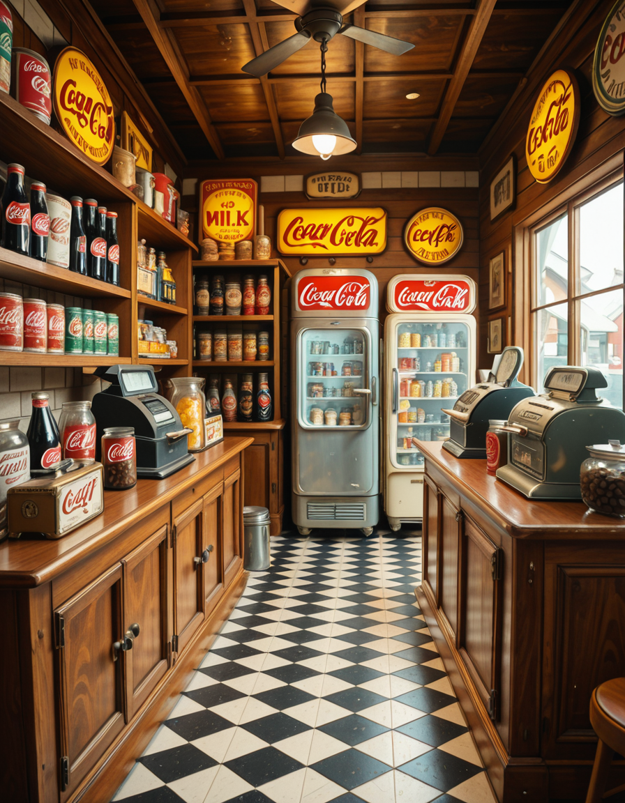 A vintage 1950s grocery store filled with nostalgic details. Wooden shelves neatly stocked with classic canned goods, glass soda bottles, and colorful retro packaging. An old-fashioned cash register sits on the wooden counter, next to a small scale for weighing produce. The checkered black-and-white tile floor adds to the mid-century charm, while hand-painted signs on the walls advertise milk, bread, and coffee in bold, retro fonts. A display of penny candy in glass jars sits near the entrance, and a vintage Coca-Cola refrigerator hums in the background. Soft, warm lighting casts a nostalgic glow over the scene, enhancing the rich textures of wood, glass, and metal, capturing the essence of a bygone era.
<lora:SDXLFaeTastic2400:0.4> <lora:extremely_detailed:0.4> extremely detailed
,1950s grocery st0r3, <lora:1950s_grocery_st0r3-i:1>, Masterpiece,best quality,hi res,8k,hi res,8k,award winning,(sharp focus, intricate, highly detailed),