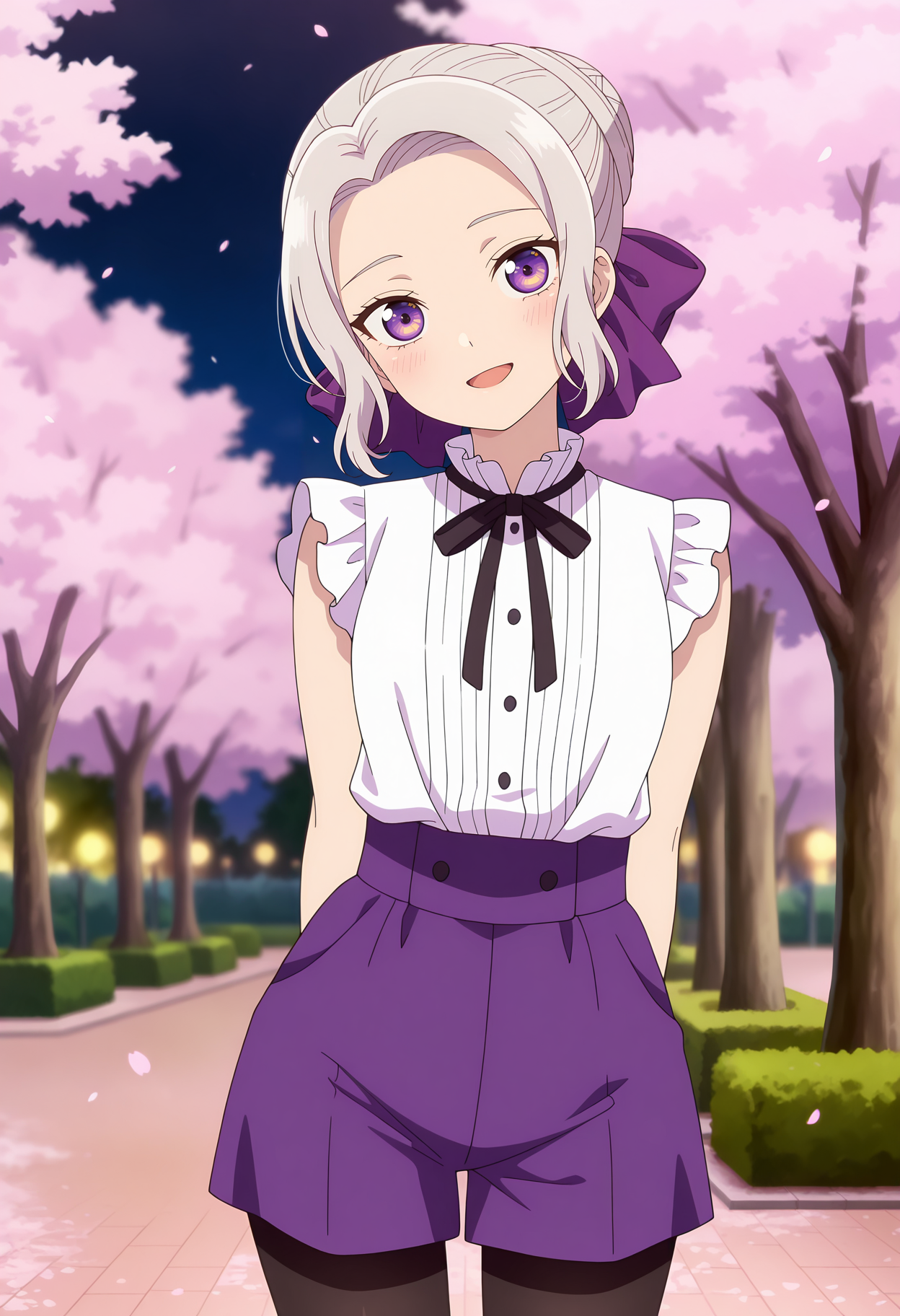 anime screencap, masterpiece, best quality,
<lora:KanojoMoKanojo_KiryuuShino_IlluXL:0.9>,
1girl, solo, open smile, head tilt, blush,
short hair, grey hair, parted bangs, forehead, purple eyes, single hair bun, hair bow, purple bow, single hair bun,
ShinoCasual, sleeveless shirt, frilled shirt, ribbed shirt, white shirt, neck ribbon, black ribbon,
purple shorts, pantyhose under shorts, black pantyhose,
arms behind back, cowboy shot, standing, looking at viewer,
blurry background, outdoors, park, night, cherry blossoms