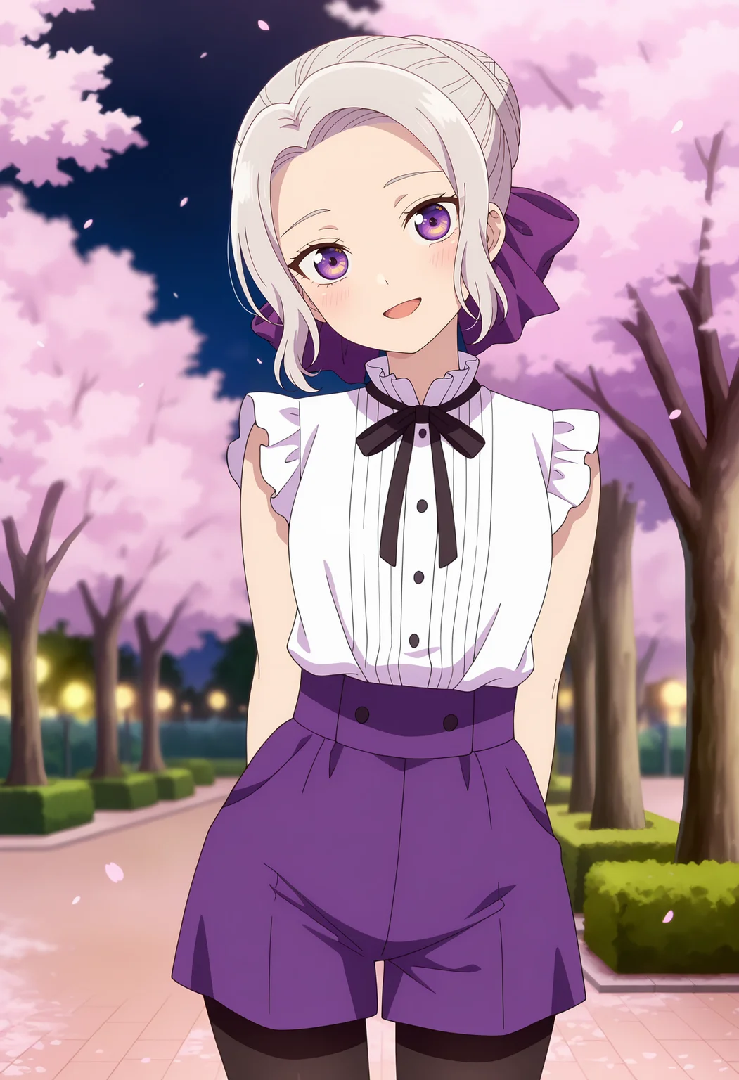anime screencap, masterpiece, best quality,
<lora:KanojoMoKanojo_KiryuuShino_IlluXL:0.9>,
1girl, solo, open smile, head tilt, blush,
short hair, grey hair, parted bangs, forehead, purple eyes, single hair bun, hair bow, purple bow, single hair bun,
ShinoCasual, sleeveless shirt, frilled shirt, ribbed shirt, white shirt, neck ribbon, black ribbon,
purple shorts, pantyhose under shorts, black pantyhose,
arms behind back, cowboy shot, standing, looking at viewer,
blurry background, outdoors, park, night, cherry blossoms