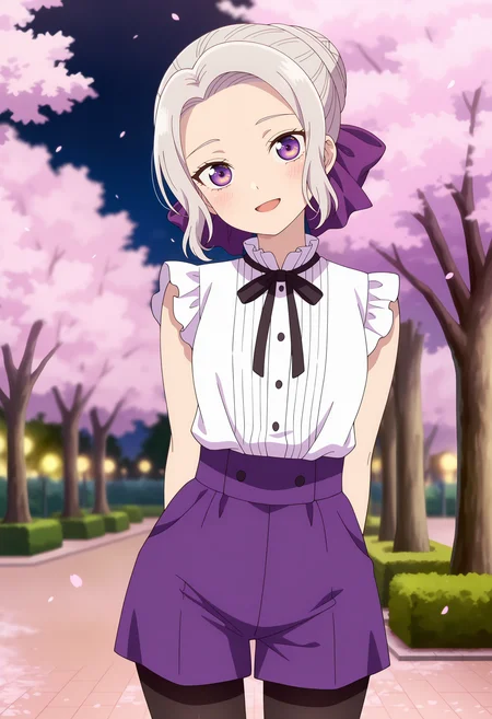 anime screencap, masterpiece, best quality,
<lora:KanojoMoKanojo_KiryuuShino_IlluXL:0.9>,
1girl, solo, open smile, head tilt, blush,
short hair, grey hair, parted bangs, forehead, purple eyes, single hair bun, hair bow, purple bow, single hair bun,
ShinoCasual, sleeveless shirt, frilled shirt, ribbed shirt, white shirt, neck ribbon, black ribbon,
purple shorts, pantyhose under shorts, black pantyhose,
arms behind back, cowboy shot, standing, looking at viewer,
blurry background, outdoors, park, night, cherry blossoms