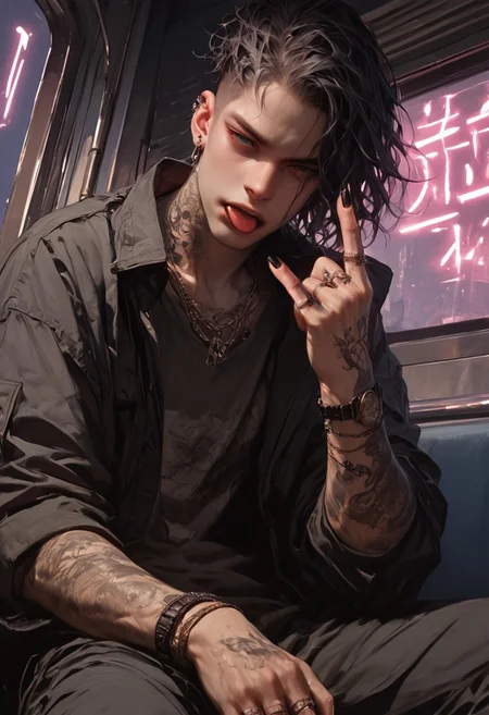 score_9, score_8_up, score_7_up, masterpiece, ultra-realistic 8k, (best quality), (lots of details), (intricate details), (male focus), (front view), (unique angle), muted colors, 1 adult boy, sitting on the train, rock gesture, hand clenched into a fist, (index finger raised), ((little finger raised)), (open mouth), tongue between fingers, (rings, piercing, bracelets), (tattoo:1.2), bare chest, perfect hand, perfect fingers, short disheveled hair, undercut hair, black jacket, cargo pants, black pants, looking at viewer, night, neon light, highres textures, Expressiveh, concept art, realistic, d4rkv1b3