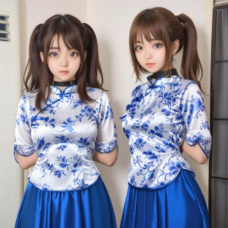 upper body,2 girls,side by side, one girl Body facing front,((the other girl Body facing back)), blush,black collar,arms behind back,wrist hung up the collar behind by Black nylon tape,white Chinese style blouse, breasts apart,large breasts, small waist,great hips,blue silk maxi skirt,The fabric of the dress is smooth and flat,