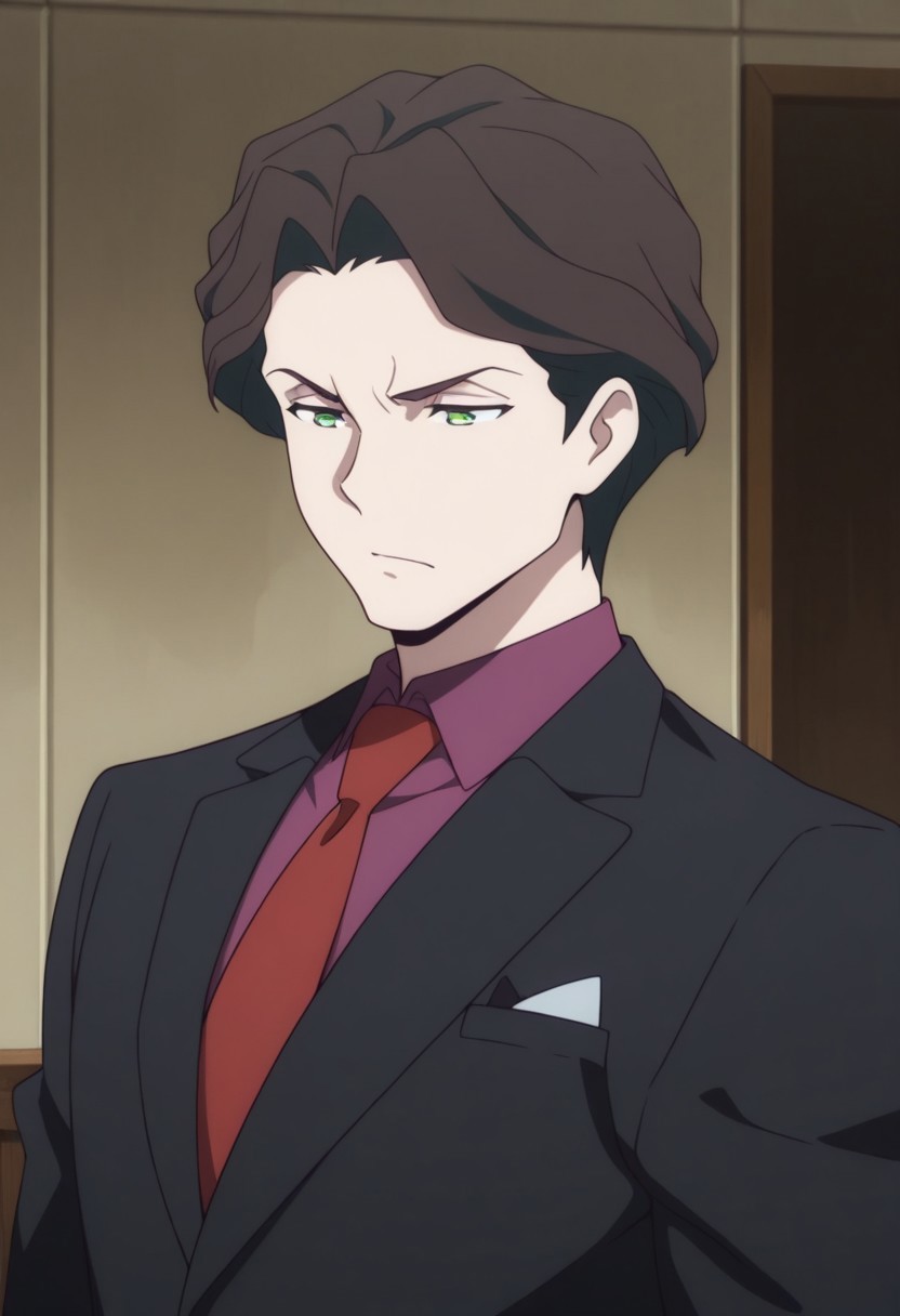 masterpiece,best quality,amazing quality, source_anime, 
AndrewHanbridge, 1boy, male focus, solo, green eyes, brown hair, shirt, purple shirt, collared shirt, necktie, red necktie, jacket, black jacket,
indoor,