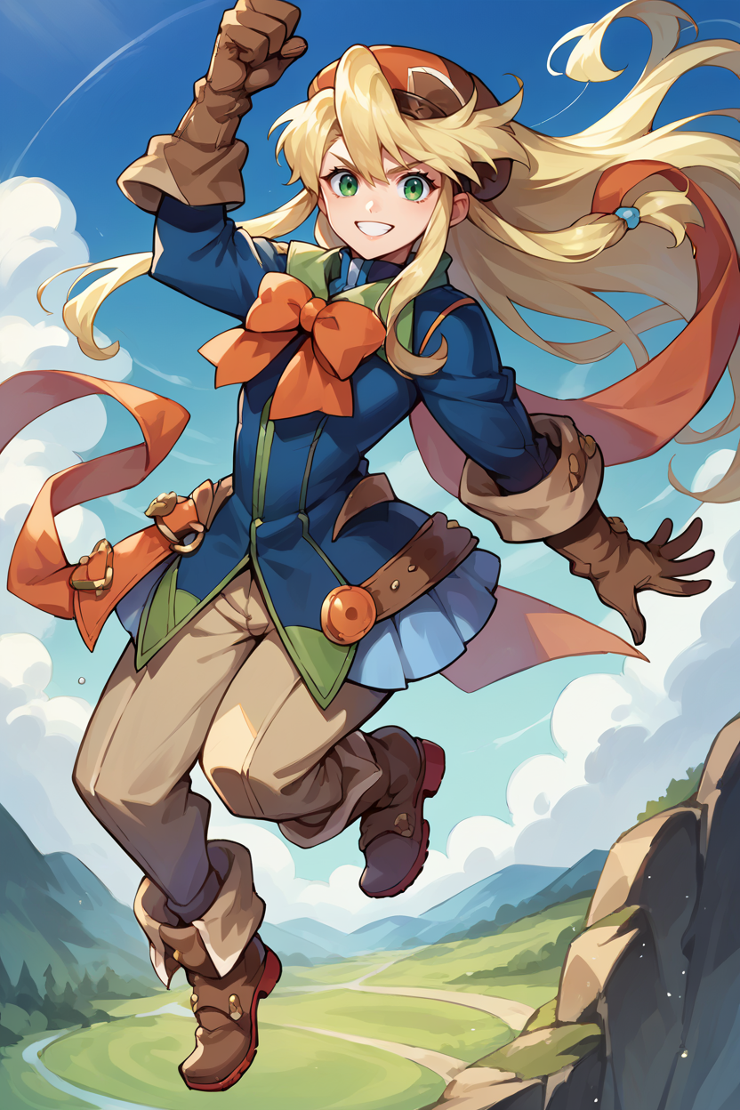 score_9, score_8_up, score_7_up, score_6_up, source_anime, 1girl, solo,  <lora:clarissaarwin-pdxl-nvwls-v1-000005:1> clarissa arwin, blonde hair, hat, long hair, blue uniform, red bow, brown gloves, belt, brown pants, boots, jumping, blue sky, midair, dynamic pose, looking at you, smile