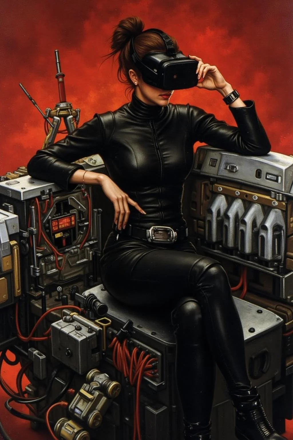 jati1 painting
A striking, futuristic scene depicts a woman dressed in sleek, form-fitting leather attire, sitting confidently atop an open power suit, inspired by the cyberpunk aesthetics of Masamune Shirow. The power suit, a blend of advanced technology and military-grade armor, features intricate mechanical details, exposed wiring, and a robust, yet streamlined design. The woman, wearing a cutting-edge VR headset, exudes a sense of control and mastery over the machine beneath her. Her posture is relaxed yet commanding, with one hand resting on the suit's metallic surface and the other casually holding a piece of advanced tech.
<lora:jati1_cap_d6a3:1.0><lora:817333041216123863:0>
