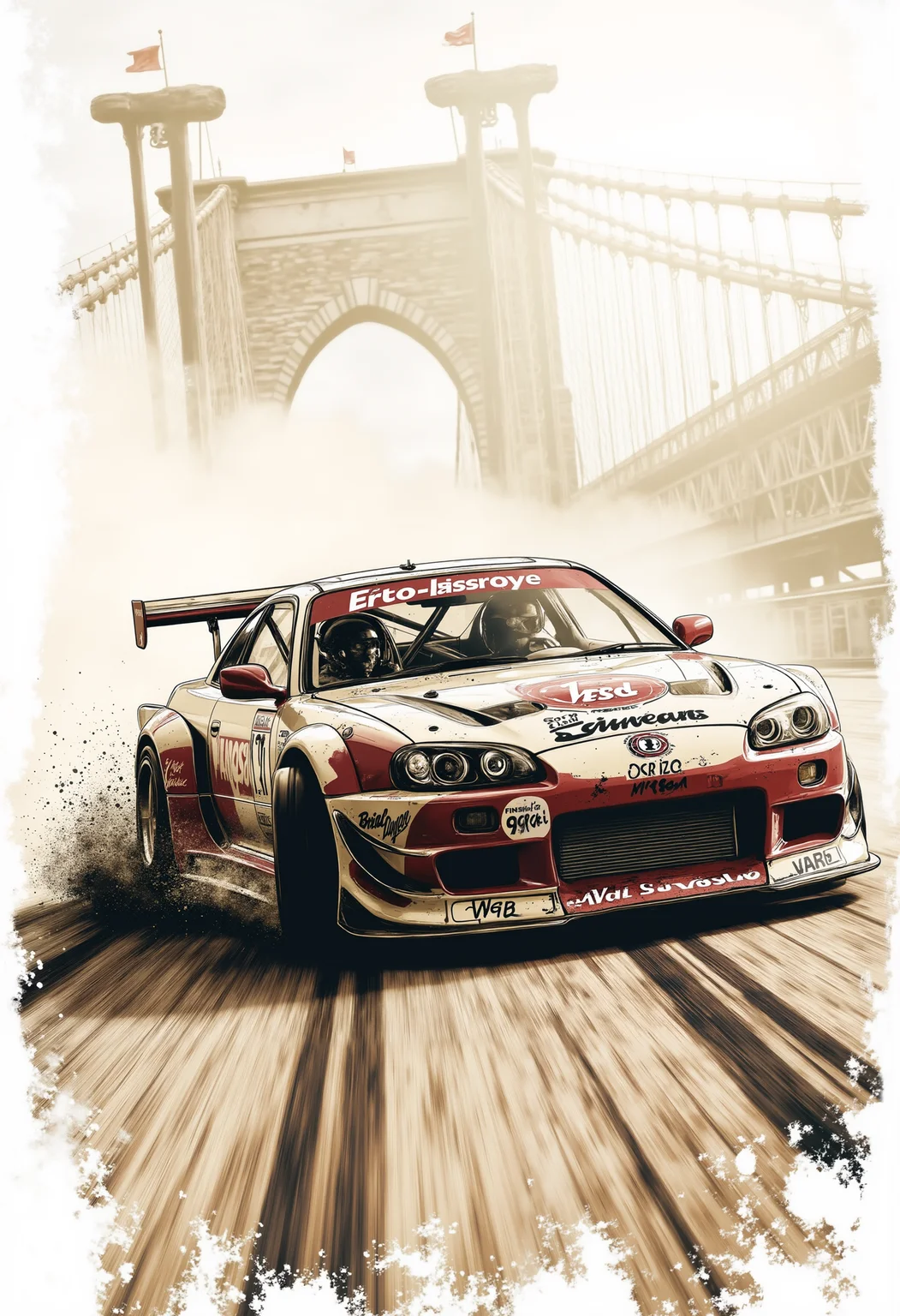 pst010, film still of Fast Furious,filmed at brooklyn bridge,GTR,drifting,Tokyo drift,dust,custom racing, intrcate details