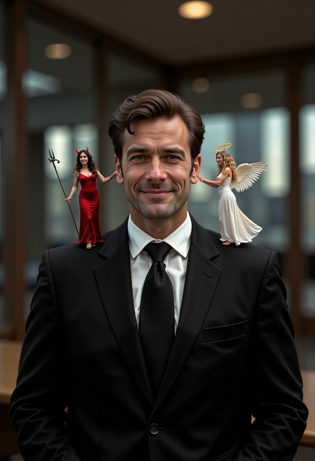 closeup portrait shot, A sharply dressed man in a tailored dark suit stands confidently, his expression a mix of amusement and contemplation. standing on his left shoulder is a tiny miniature woman dressed in a seductive red devil outfit, complete with tiny horns, a pitchfork, and a mischievous grin. On his right shoulder is another tiny miniature woman, dressed in an elegant white angel outfit with delicate, glowing wings and a golden halo, her expression serene and compassionate. The background is a dimly lit, stylish office with a city skyline visible through the large window, emphasizing the dramatic and moral tension in the scene. the miniature woman are reaching up to whisper in his ears