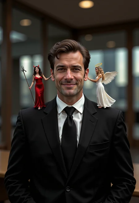 closeup portrait shot, A sharply dressed man in a tailored dark suit stands confidently, his expression a mix of amusement and contemplation. standing on his left shoulder is a tiny miniature woman dressed in a seductive red devil outfit, complete with tiny horns, a pitchfork, and a mischievous grin. On his right shoulder is another tiny miniature woman, dressed in an elegant white angel outfit with delicate, glowing wings and a golden halo, her expression serene and compassionate. The background is a dimly lit, stylish office with a city skyline visible through the large window, emphasizing the dramatic and moral tension in the scene. the miniature woman are reaching up to whisper in his ears