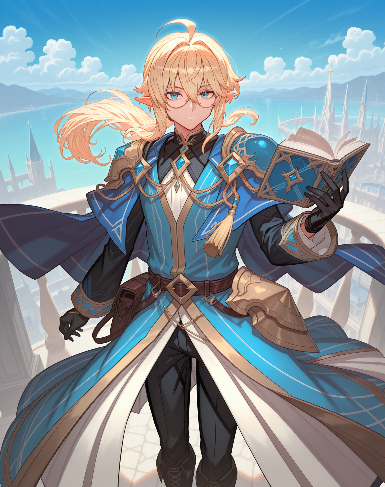 masterpiece, amazing quality, best quality, absurdres, very aesthetic,
1boy, solo, yaoi, male focus, cowboy shot, upper body, looking at viewer, face focus,
 <lora:Grandiel_Likability_ilxl:1> likabilitygrandiel, pointy ears, blonde hair, blue eyes, long hair, glasses, hair between eyes, ahoge, low ponytail, floating hair, elf, sidelocks,
black gloves, blue coat,long sleeves, pauldrons, waist cape, shoulder armor, black shirt, blue cape, layered clothes, aiguillette, open coat, faulds,
lace-up boots, lack pants, brown belt, black footwear, cross-laced footwear, knee boots,black belt, belt buckle, fold-over boots, collared coat, white coat, coattails, tachi-e, black coat, single pauldron, lapels,
jewelry, brooch,monocle, eyewear strap, gold trim, tassel, sleeve cuffs, chain, blue robe, gem,
holding book, open book, 
outdoors, day, blue sky,