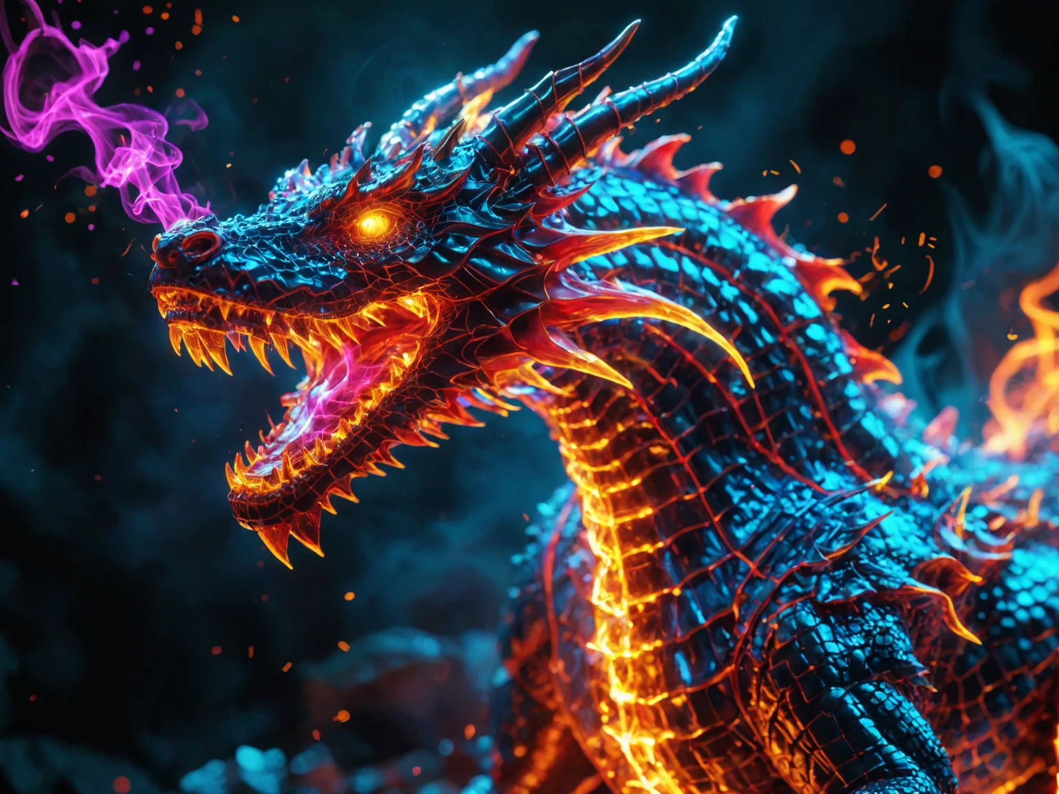 glowneon, a glowing dragon breathing fire emanating light and sparks, sparks, blue, red