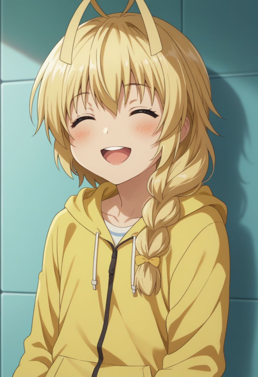 score_9, score_8_up, source_anime, highly detailed, 1boy, solo, male_focus, cute,
hasuta, 1boy, male focus, blonde hair, braid, blush, solo, otoko no ko, single braid, antenna hair, long hair, hoodie, hood, hood down,
closed eyes, open mouth, smile,
indoor,