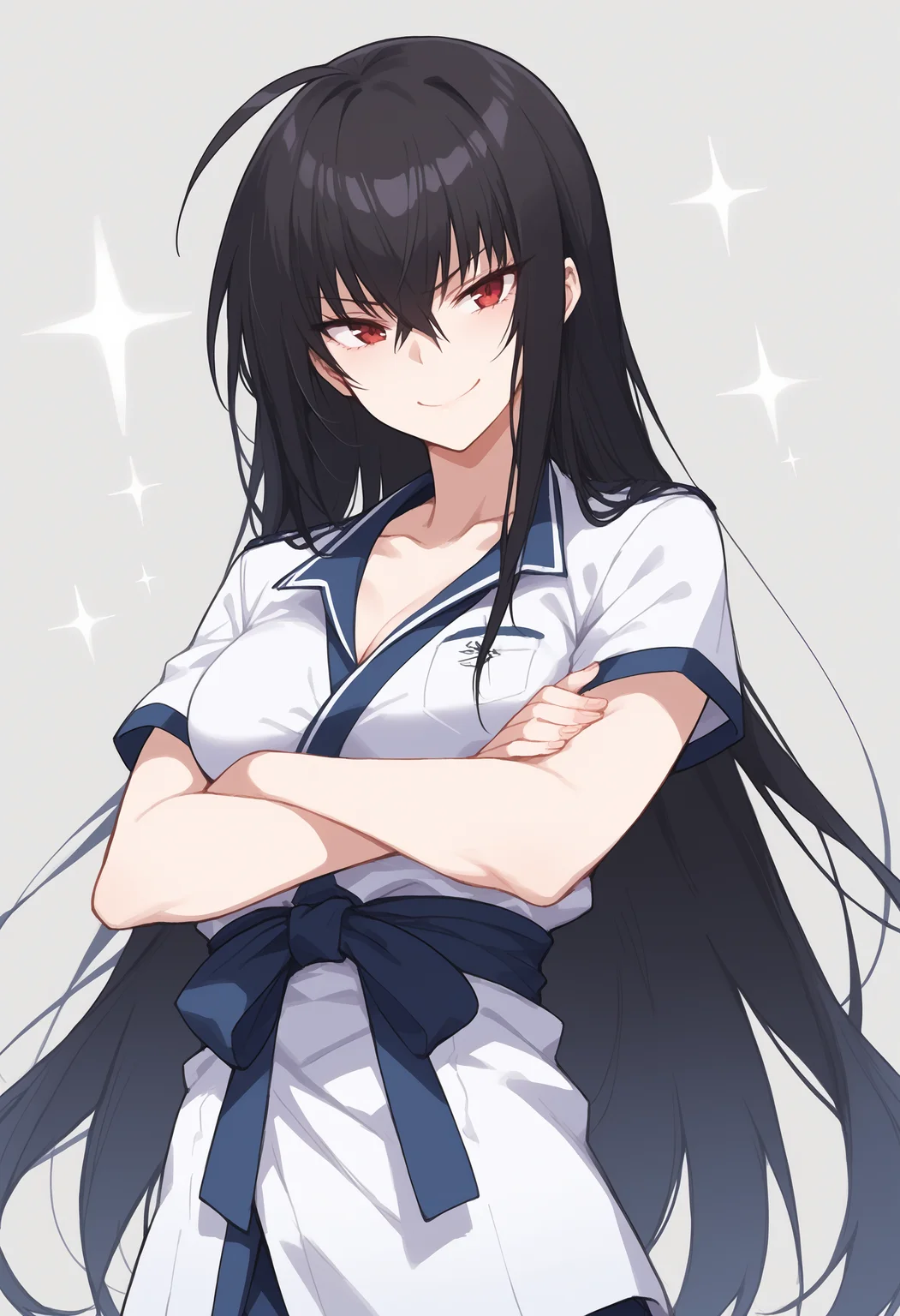 Upper body, score_9, score_8_up, score_7_up, score_6_up, source_anime, 18 year old, 1girl, KawaMomo, Kawakami, standing up, crossed arms, breasts, dark hair, long hair BREAK wearing judo uniform, black belt, hair between eyes, collarbone, power aura, smug, smile, BREAK <lora:Perfect Hands:1>, Perfect Hands, <lora:Momo_Kawa_V1:1>, <lora:dragon_ball_super_pony:0.6>