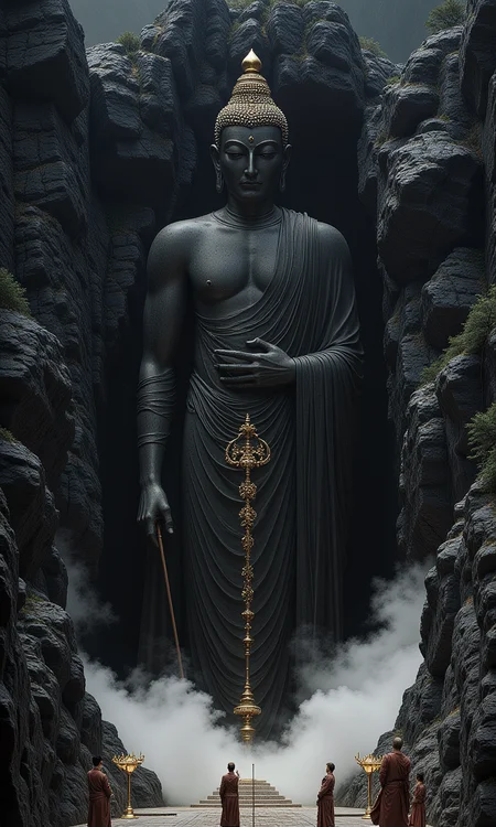A Chinese Buddha statue made of dark marble. The huge statue is mixed with the huge rocky mountain. The picture is full of marble texture. There are several monks sweeping the ground under the Buddha statue. The scene is full of smoke.<flux.1_lora_flyway_Epic-detail_v2_000009500:1.0>