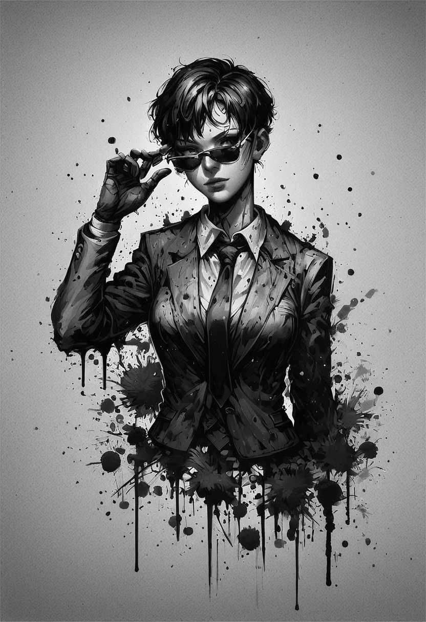 score_9, score_8_up, score_7_up, score_6_up, ink splats, monochrome, 1girl, business suit, black tie, sunglasses, very short hair, abstract background, looking over eyewear, adjusting eyewear