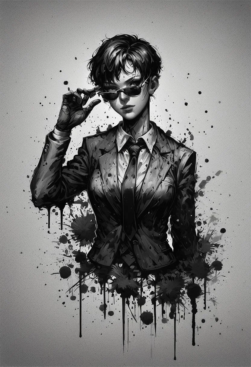 score_9, score_8_up, score_7_up, score_6_up, ink splats, monochrome, 1girl, business suit, black tie, sunglasses, very short hair, abstract background, looking over eyewear, adjusting eyewear