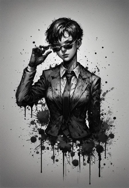 score_9, score_8_up, score_7_up, score_6_up, ink splats, monochrome, 1girl, business suit, black tie, sunglasses, very short hair, abstract background, looking over eyewear, adjusting eyewear