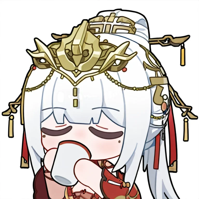 chibi, snowbreakmeme, snowbreak_chibi, (((solo,))),Chenxing - Jade Arc, Chenxing - Jade Arc_(Rouge Bliss), white hair, grey eyes, mole, mole under eyes, golden_crown, crown,<lora:Chenxing-Jade Arc_(Rouge Bliss)-noobai_v1.0:0.9>, 1girl, cup, closed eyes, holding cup, holding, drinking, teacup, white background, simple background, \n<lora:snowbreakmeme_noobai_v1.0-000030:1>,