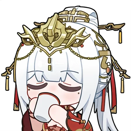 chibi, snowbreakmeme, snowbreak_chibi, (((solo,))),Chenxing - Jade Arc, Chenxing - Jade Arc_(Rouge Bliss), white hair, grey eyes, mole, mole under eyes, golden_crown, crown,<lora:Chenxing-Jade Arc_(Rouge Bliss)-noobai_v1.0:0.9>, 1girl, cup, closed eyes, holding cup, holding, drinking, teacup, white background, simple background, \n<lora:snowbreakmeme_noobai_v1.0-000030:1>,