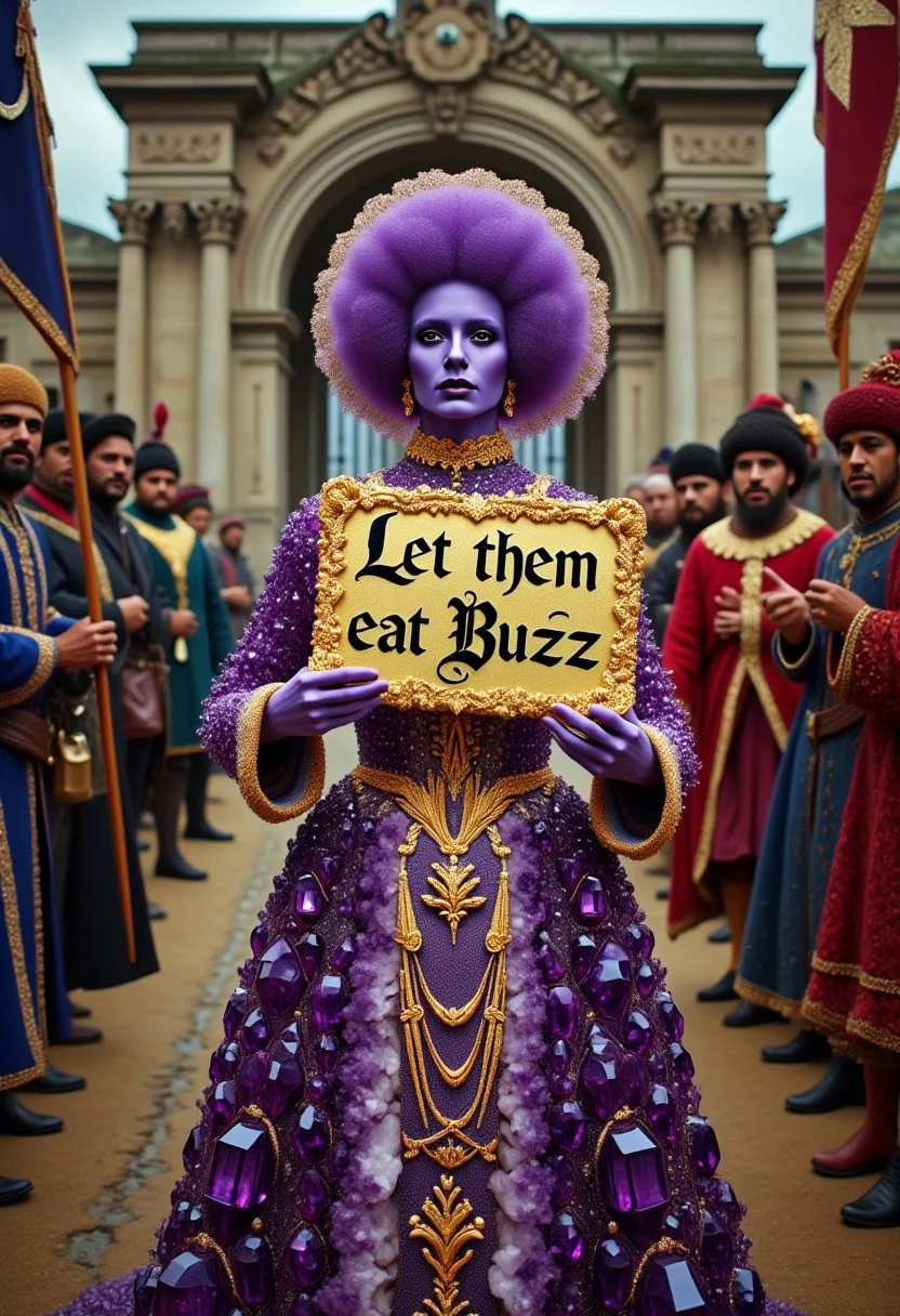 A film still of Mary Antionette being led by Jacobins towards a foreboding stone jail. She is made of amethyst and wearing an intricate sparkling gold rococo gown. She is holding a gilded sign that says “Let them eat Buzz”. This scene has rich, vibrant colors and meticulous textures throughout, cinematic composition, shallow depth of field, highly detailed, bokeh, moody, epic, gorgeous, film grain, grainy.