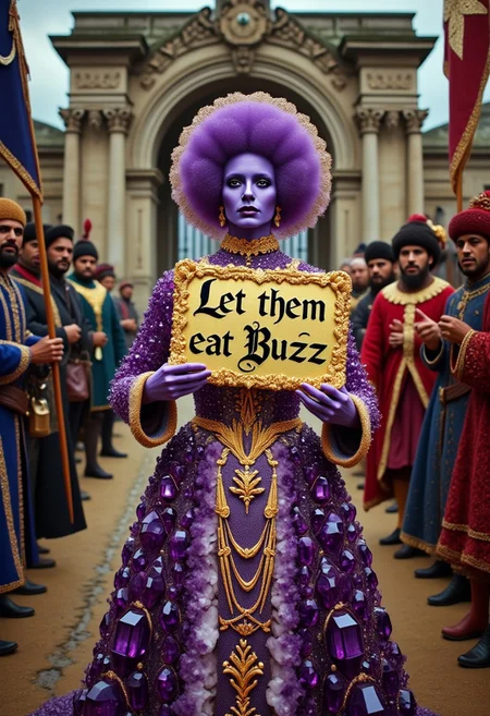 A film still of Mary Antionette being led by Jacobins towards a foreboding stone jail. She is made of amethyst and wearing an intricate sparkling gold rococo gown. She is holding a gilded sign that says “Let them eat Buzz”.  This scene has rich, vibrant colors and meticulous textures throughout, cinematic composition, shallow depth of field, highly detailed, bokeh, moody, epic, gorgeous, film grain, grainy.