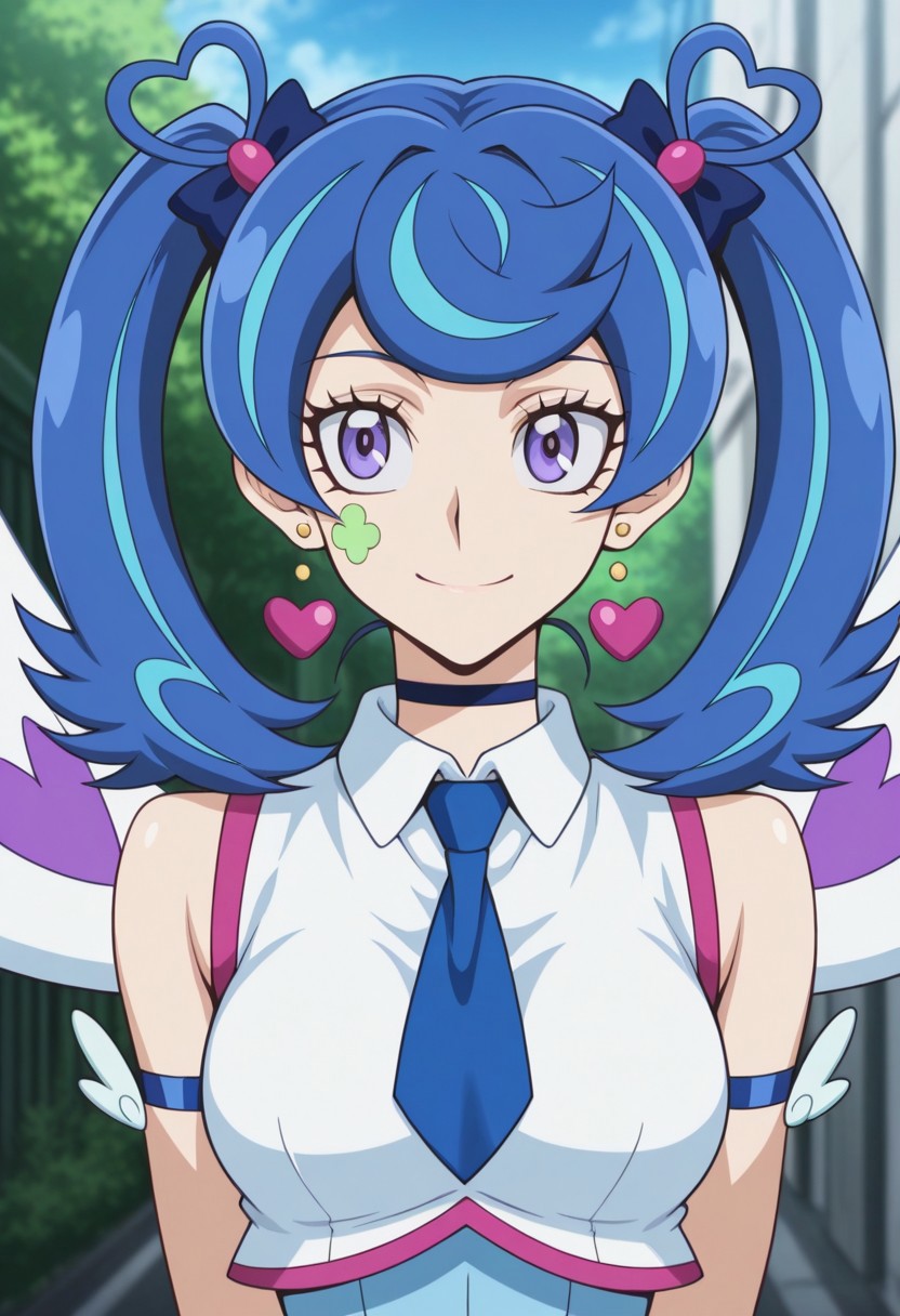 masterpiece,best quality,amazing quality, source_anime, 
AoiZaizen,1girl, solo, blue angel outfit, purple eyes, blue hair, multicolored hair, hair bow, choker, twintails, facial tattoo, earring, heart earrings, shirt, white shirt, sleeveless, necktie, blue necktie, wings, smile, 
outdoor, futuristic, neon,