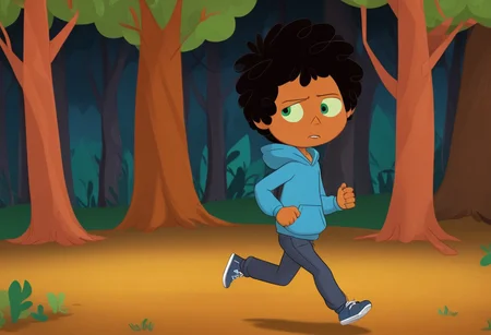 max (camp camp), cartoon theme, max (camp camp), 1boy, solo, human, male focus, curly black hair, curly tousled black hair, afro, dark skin, dark-skinned male, large eyes, round eyes, green eyes,small nose, triangular nose, pointed nose, anoyed face, running, blue hood, blue pants, small body, young boy, chibi, dark forest, night